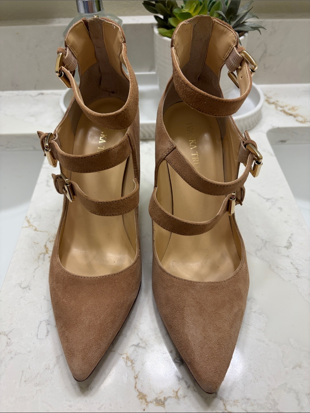 Pointed Triple-Strap Suede Pumps in Brown -